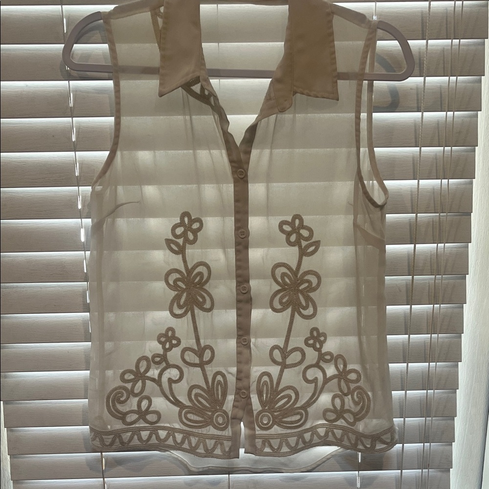 Forever 21 Sheer Floral Embroidered Blouse - Tan